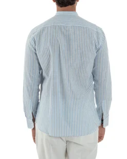 Camicia Uomo Lino Riga Sottile Collo Coreano Celeste C3024A