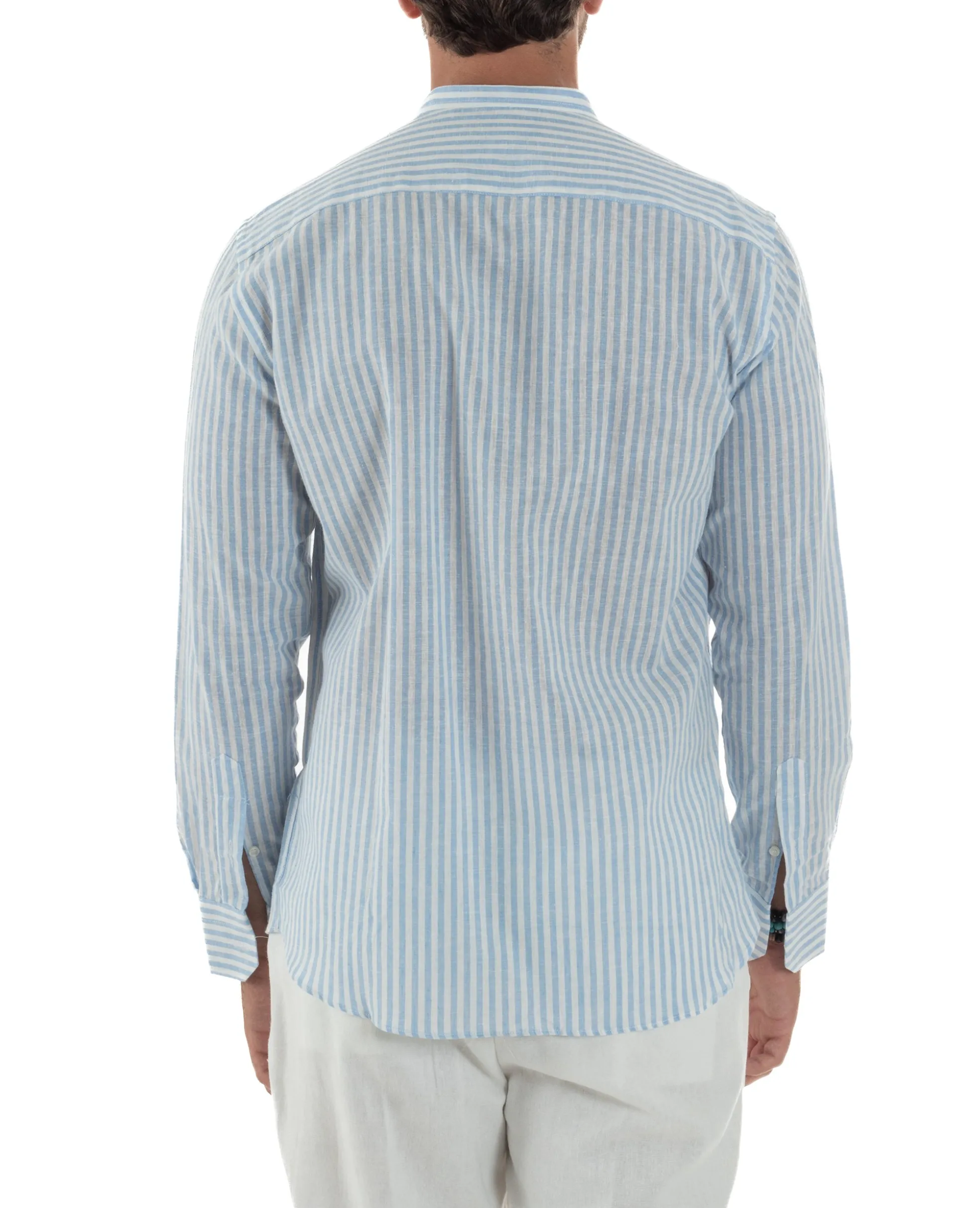 Camicia Uomo Lino Riga Sottile Collo Coreano Celeste C3024A