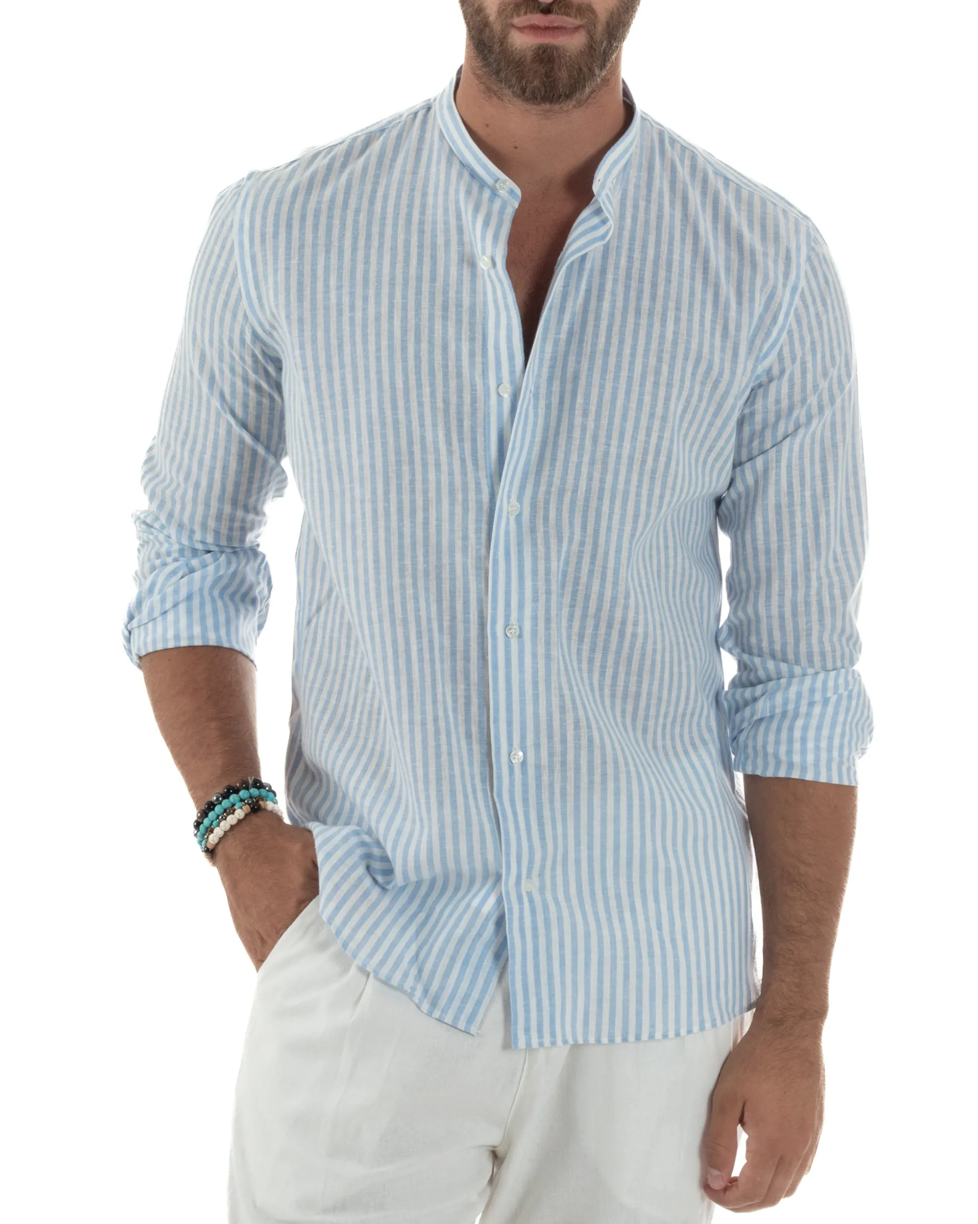 Camicia Uomo Lino Riga Sottile Collo Coreano Celeste C3024A