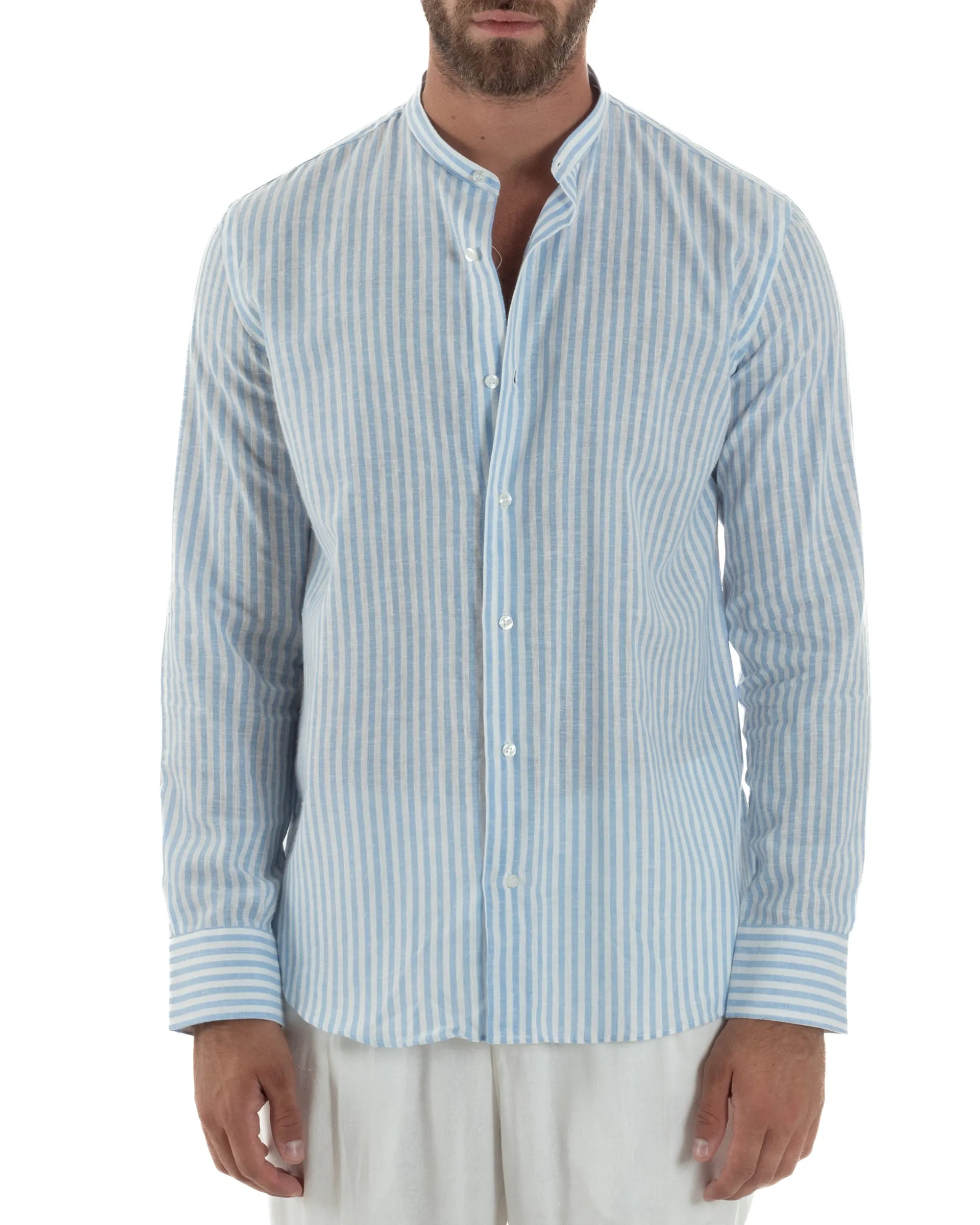 Camicia Uomo Lino Riga Sottile Collo Coreano Celeste C3024A