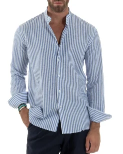 Camicia Uomo Lino Riga Sottile Collo Coreano Blu C3021A