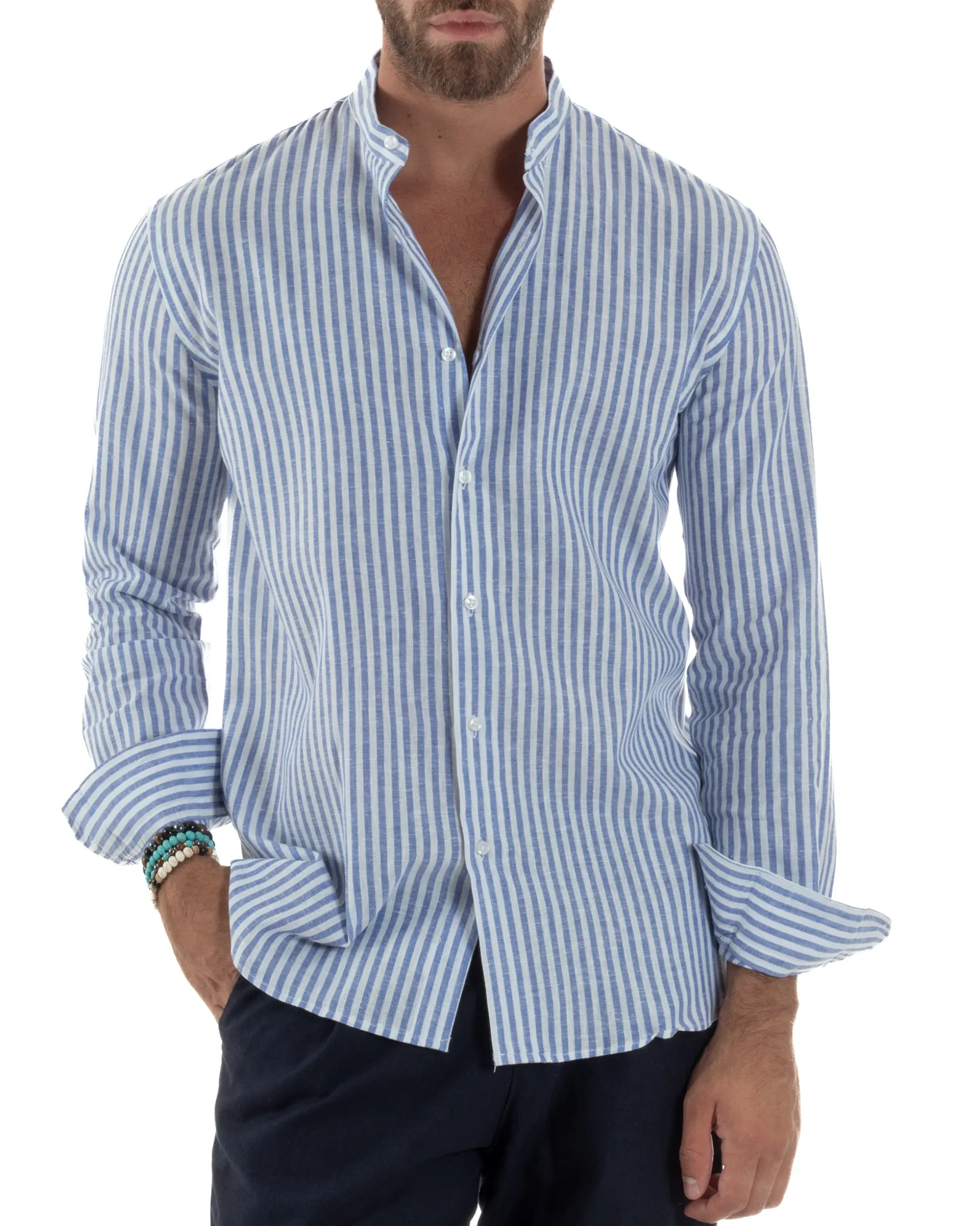 Camicia Uomo Lino Riga Sottile Collo Coreano Blu C3021A