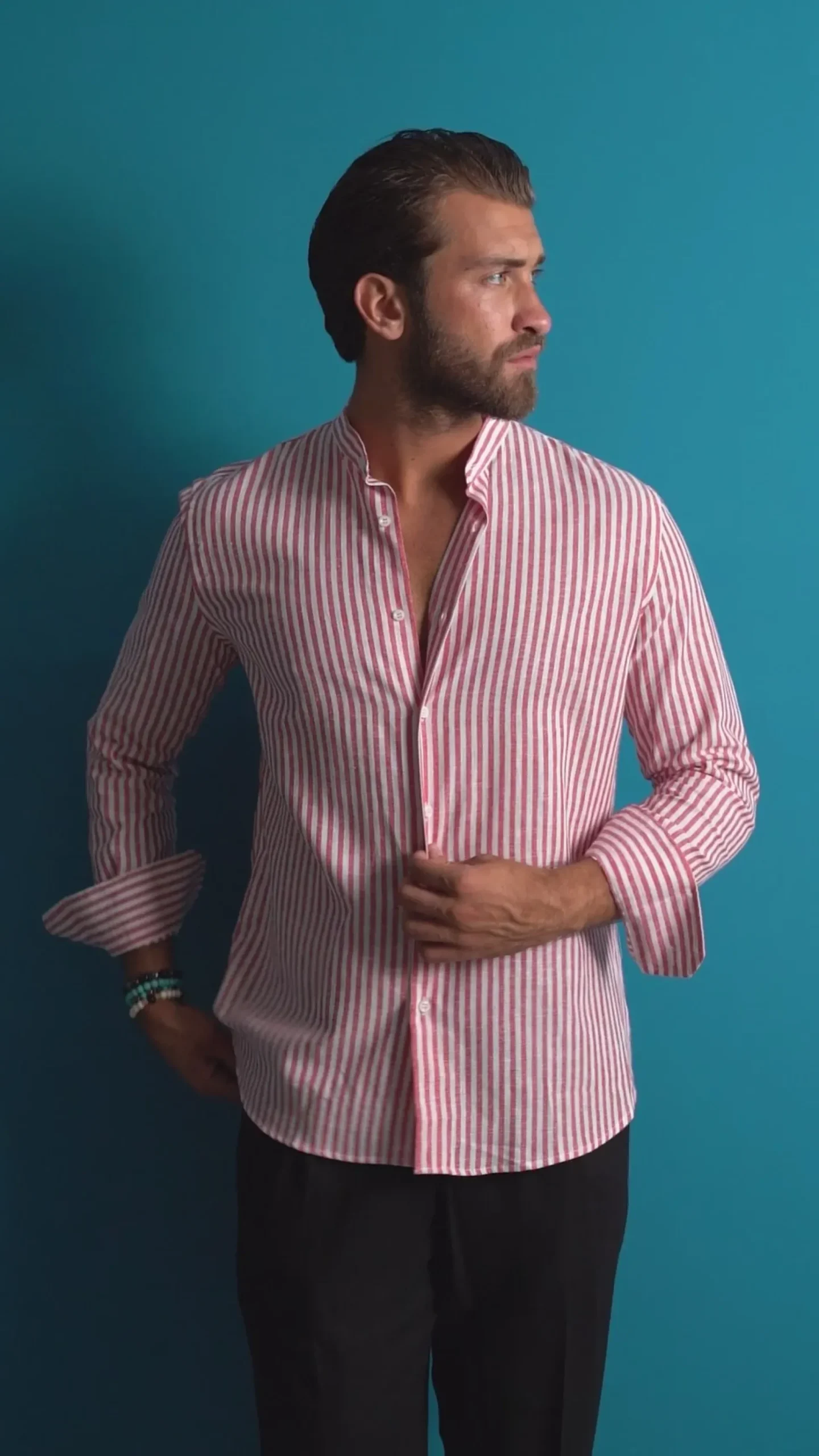 Camicia Uomo Lino Riga Sottile Collo Coreano Blu C3021A