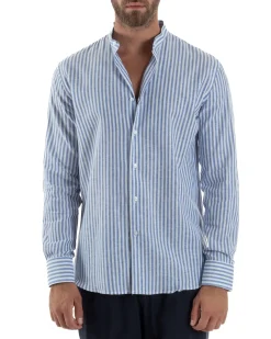Camicia Uomo Lino Riga Sottile Collo Coreano Blu C3021A
