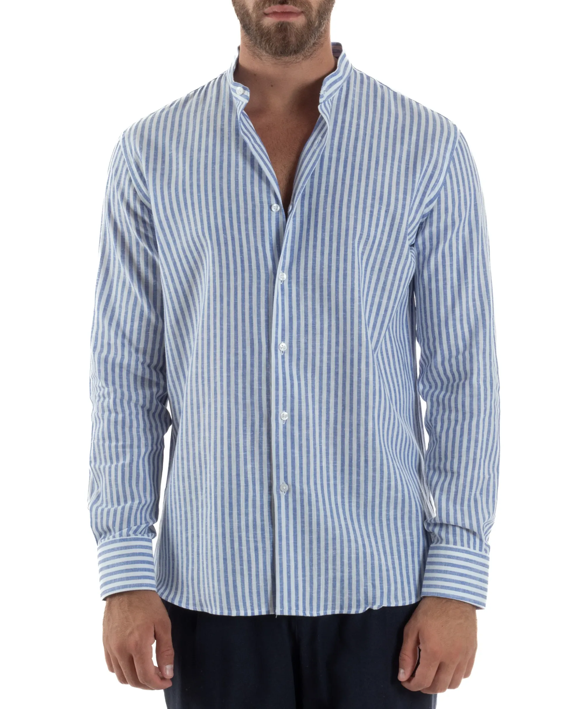 Camicia Uomo Lino Riga Sottile Collo Coreano Blu C3021A