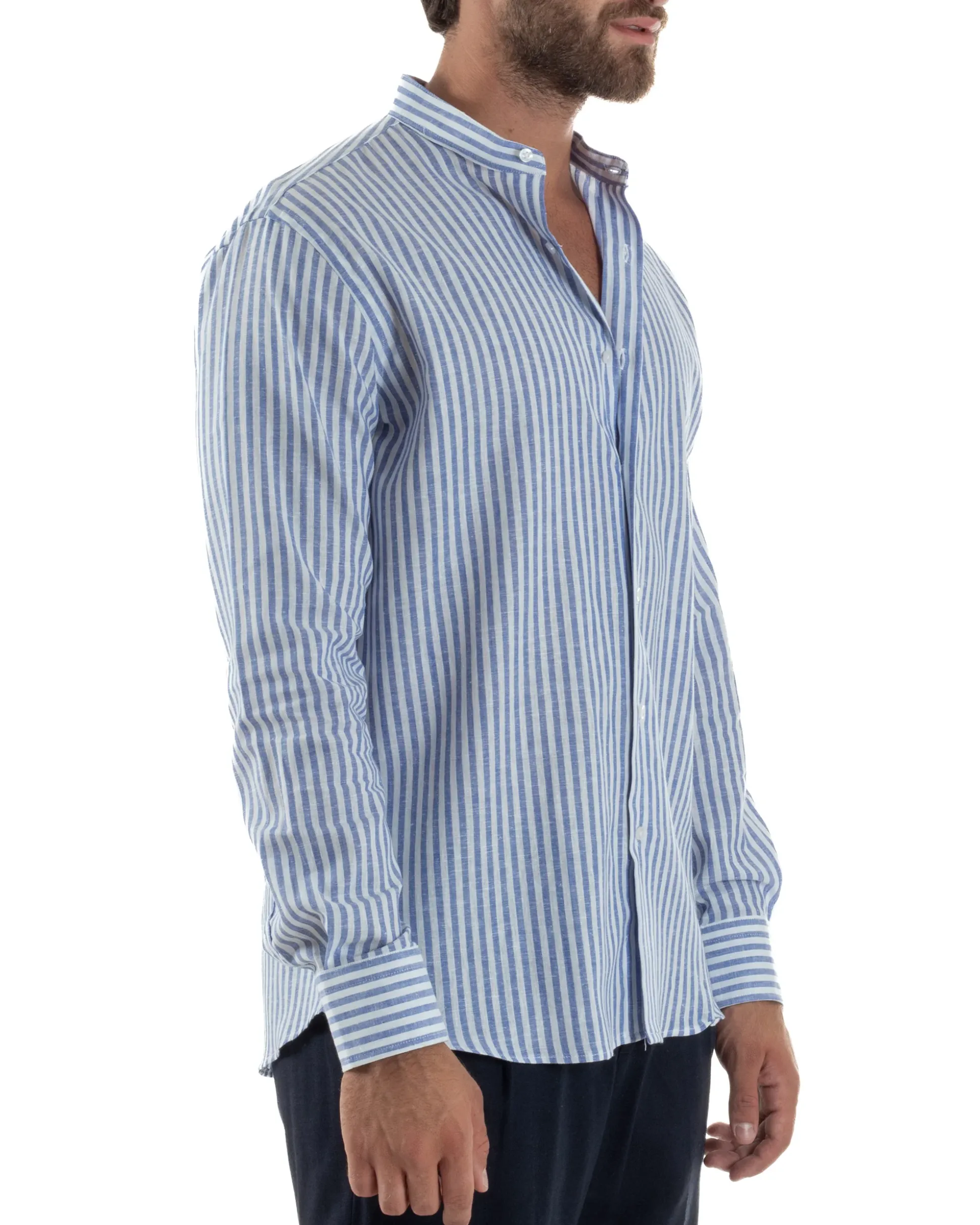 Camicia Uomo Lino Riga Sottile Collo Coreano Blu C3021A
