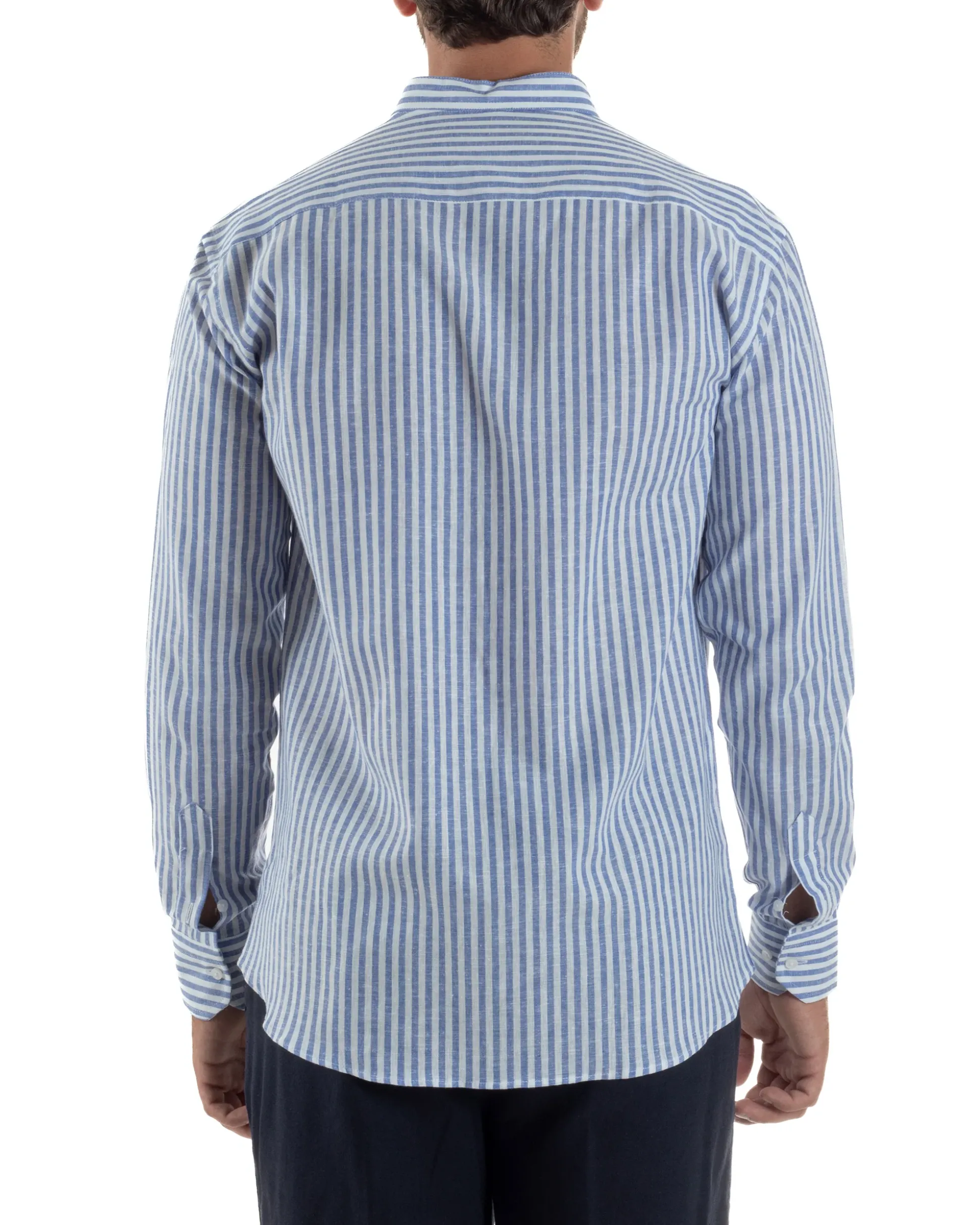 Camicia Uomo Lino Riga Sottile Collo Coreano Blu C3021A