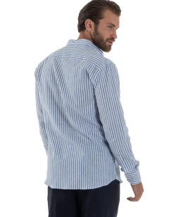 Camicia Uomo Lino Riga Sottile Collo Coreano Blu C3021A