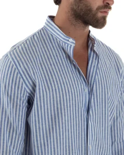 Camicia Uomo Lino Riga Sottile Collo Coreano Blu C3021A