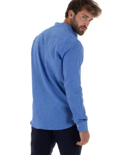 Camicia Uomo Lino Sartoriale Collo Coreano Melangiata Blu Royal C3004A
