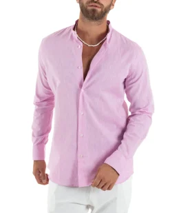 Camicia Uomo Lino Sartoriale Collo Coreano Melangiata Rosa C3008A