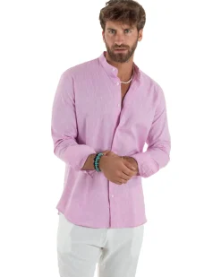 Camicia Uomo Lino Sartoriale Collo Coreano Melangiata Rosa C3008A