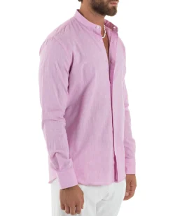Camicia Uomo Lino Sartoriale Collo Coreano Melangiata Rosa C3008A