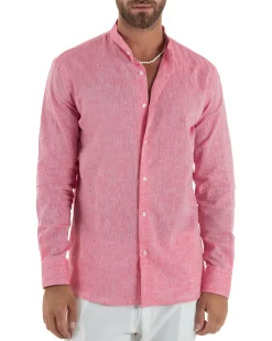 Camicia Uomo Lino Sartoriale Collo Coreano Melangiata Corallo C3009A