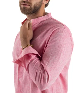 Camicia Uomo Lino Sartoriale Collo Coreano Melangiata Corallo C3009A