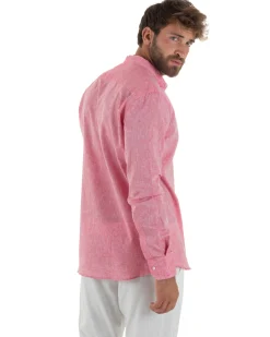 Camicia Uomo Lino Sartoriale Collo Coreano Melangiata Corallo C3009A