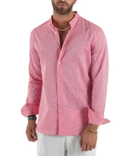 Camicia Uomo Lino Sartoriale Collo Coreano Melangiata Corallo C3009A