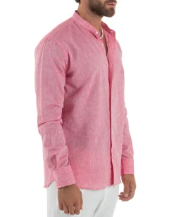 Camicia Uomo Lino Sartoriale Collo Coreano Melangiata Corallo C3009A