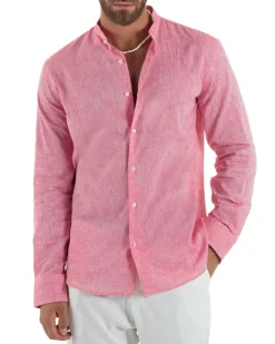 Camicia Uomo Lino Sartoriale Collo Coreano Melangiata Corallo C3009A