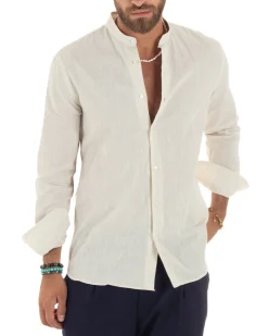 Camicia Uomo Lino Sartoriale Collo Coreano Melangiata Beige C3011A