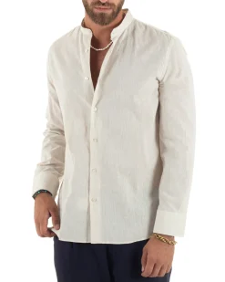 Camicia Uomo Lino Sartoriale Collo Coreano Melangiata Beige C3011A
