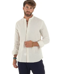 Camicia Uomo Lino Sartoriale Collo Coreano Melangiata Beige C3011A