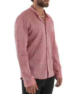 Camicia Uomo Lino Sartoriale Collo Coreano Melangiata Rosso C3003A