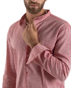 Camicia Uomo Lino Sartoriale Collo Coreano Melangiata Rosso C3003A