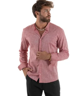 Camicia Uomo Lino Sartoriale Collo Coreano Melangiata Rosso C3003A