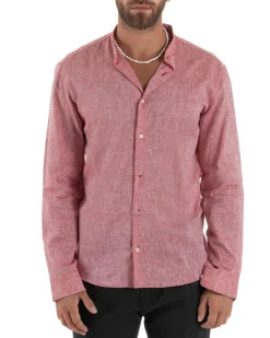Camicia Uomo Lino Sartoriale Collo Coreano Melangiata Rosso C3003A