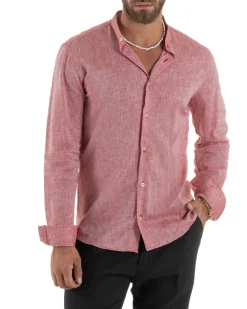 Camicia Uomo Lino Sartoriale Collo Coreano Melangiata Rosso C3003A