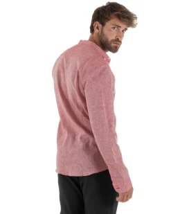 Camicia Uomo Lino Sartoriale Collo Coreano Melangiata Rosso C3003A