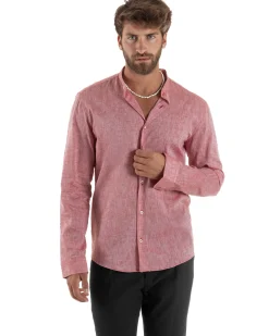 Camicia Uomo Lino Sartoriale Collo Coreano Melangiata Rosso C3003A