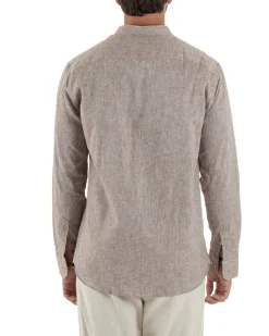 Camicia Uomo Lino Sartoriale Collo Coreano Melangiata Fango C3001A