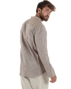 Camicia Uomo Lino Sartoriale Collo Coreano Melangiata Fango C3001A