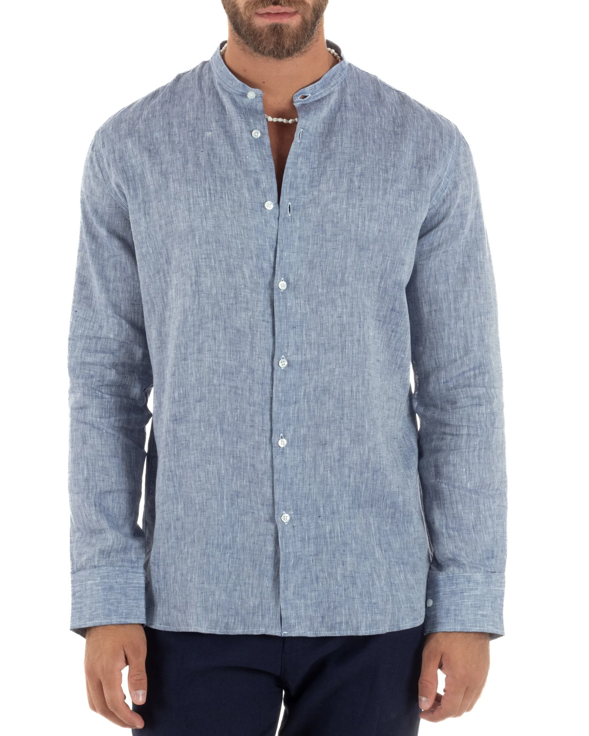 Camicia Uomo Lino Sartoriale Collo Coreano Melangiata Blu C3006A