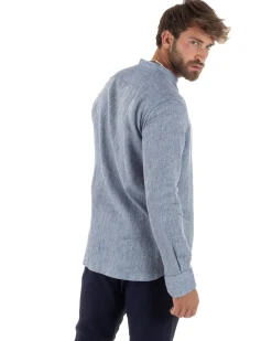 Camicia Uomo Lino Sartoriale Collo Coreano Melangiata Blu C3006A
