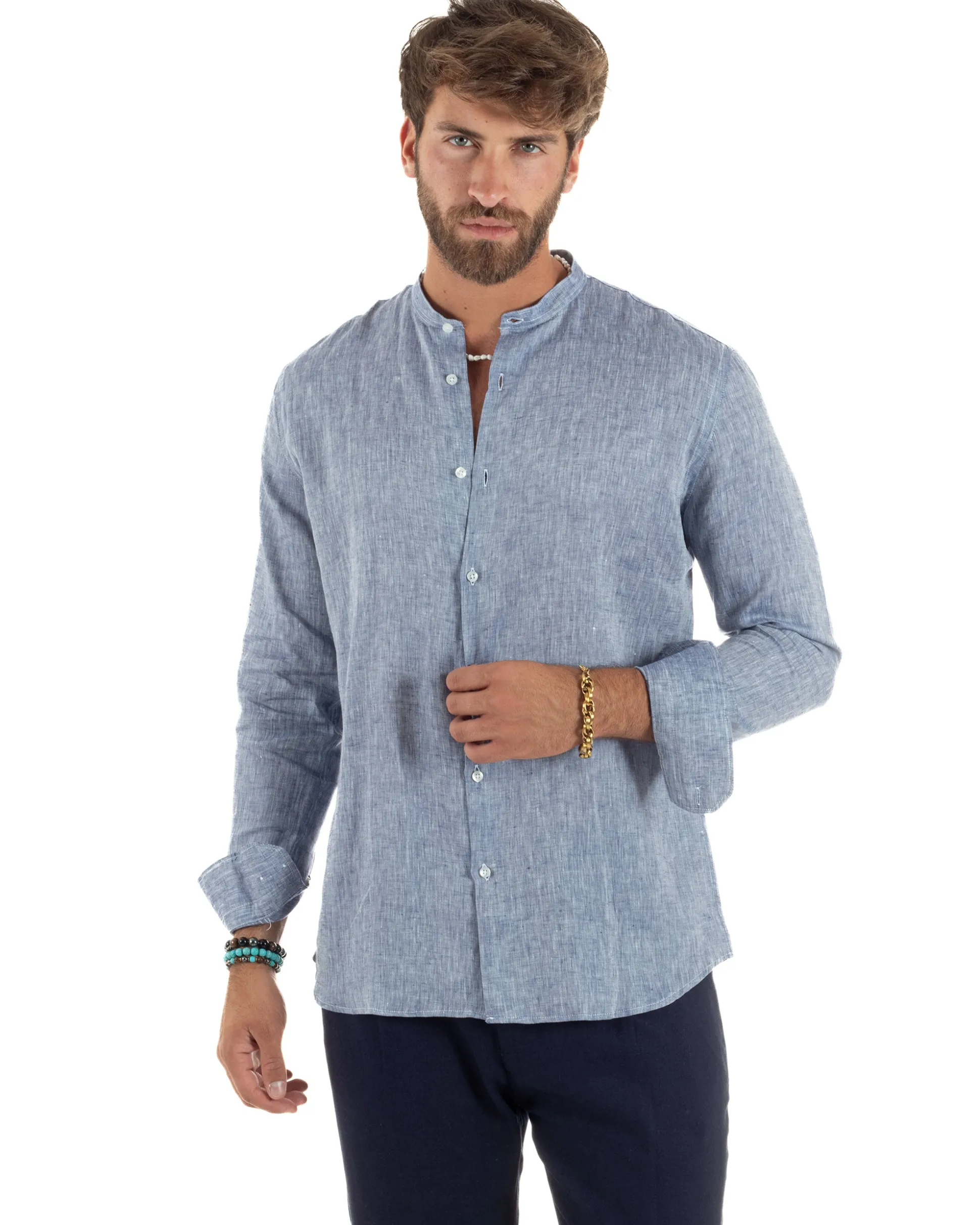 Camicia Uomo Lino Sartoriale Collo Coreano Melangiata Blu C3006A