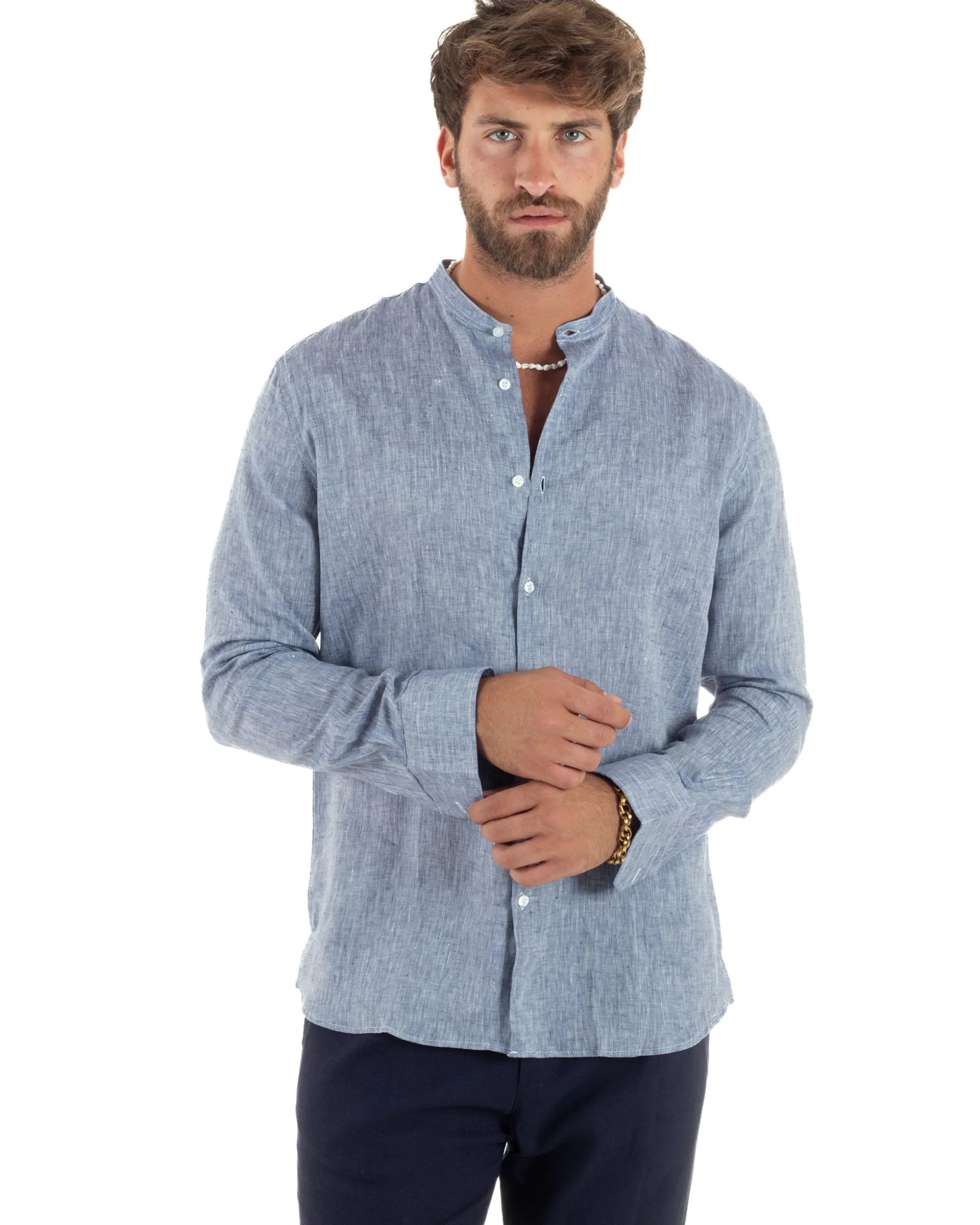 Camicia Uomo Lino Sartoriale Collo Coreano Melangiata Blu C3006A
