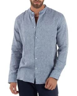 Camicia Uomo Lino Sartoriale Collo Coreano Melangiata Blu C3006A