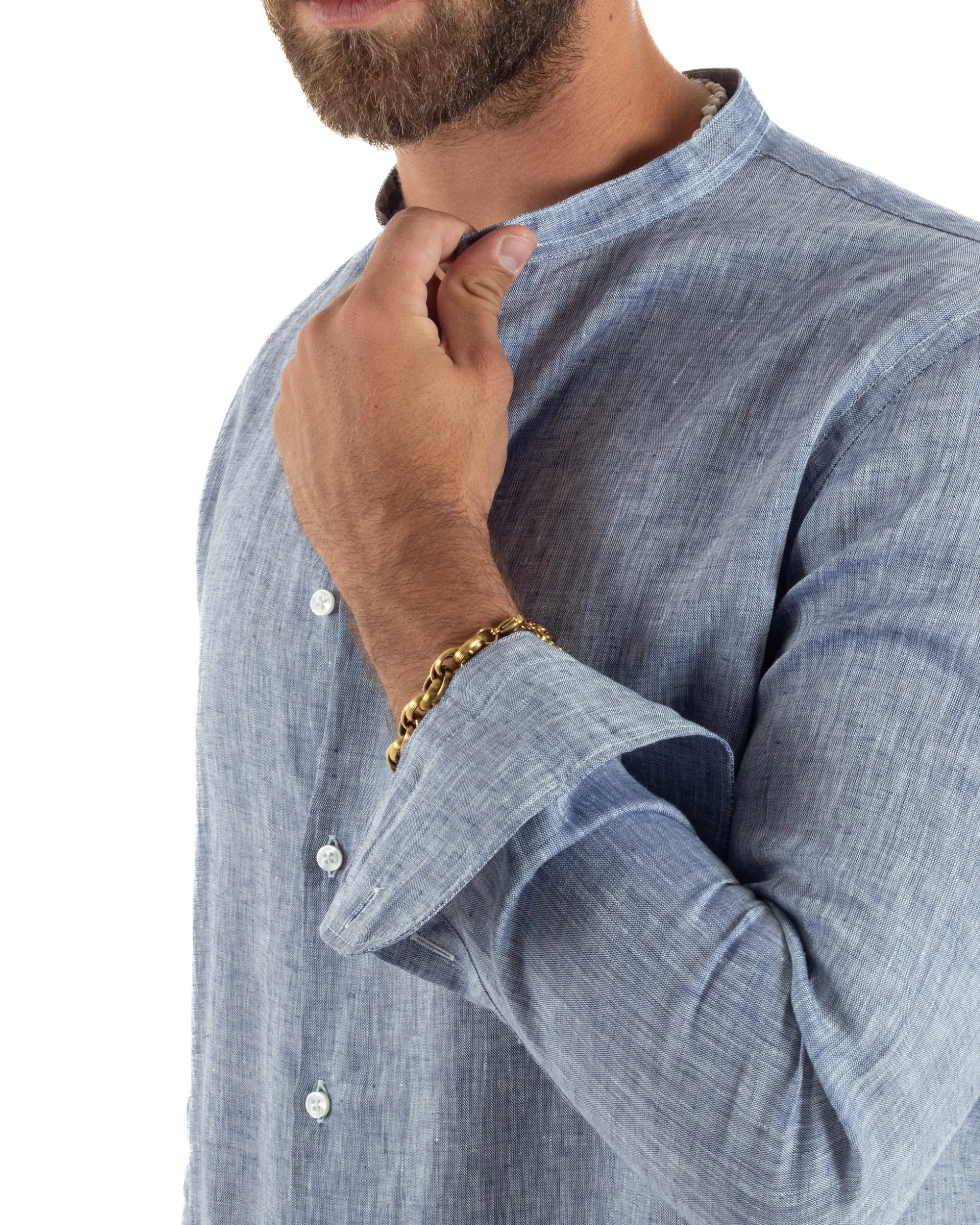 Camicia Uomo Lino Sartoriale Collo Coreano Melangiata Blu C3006A