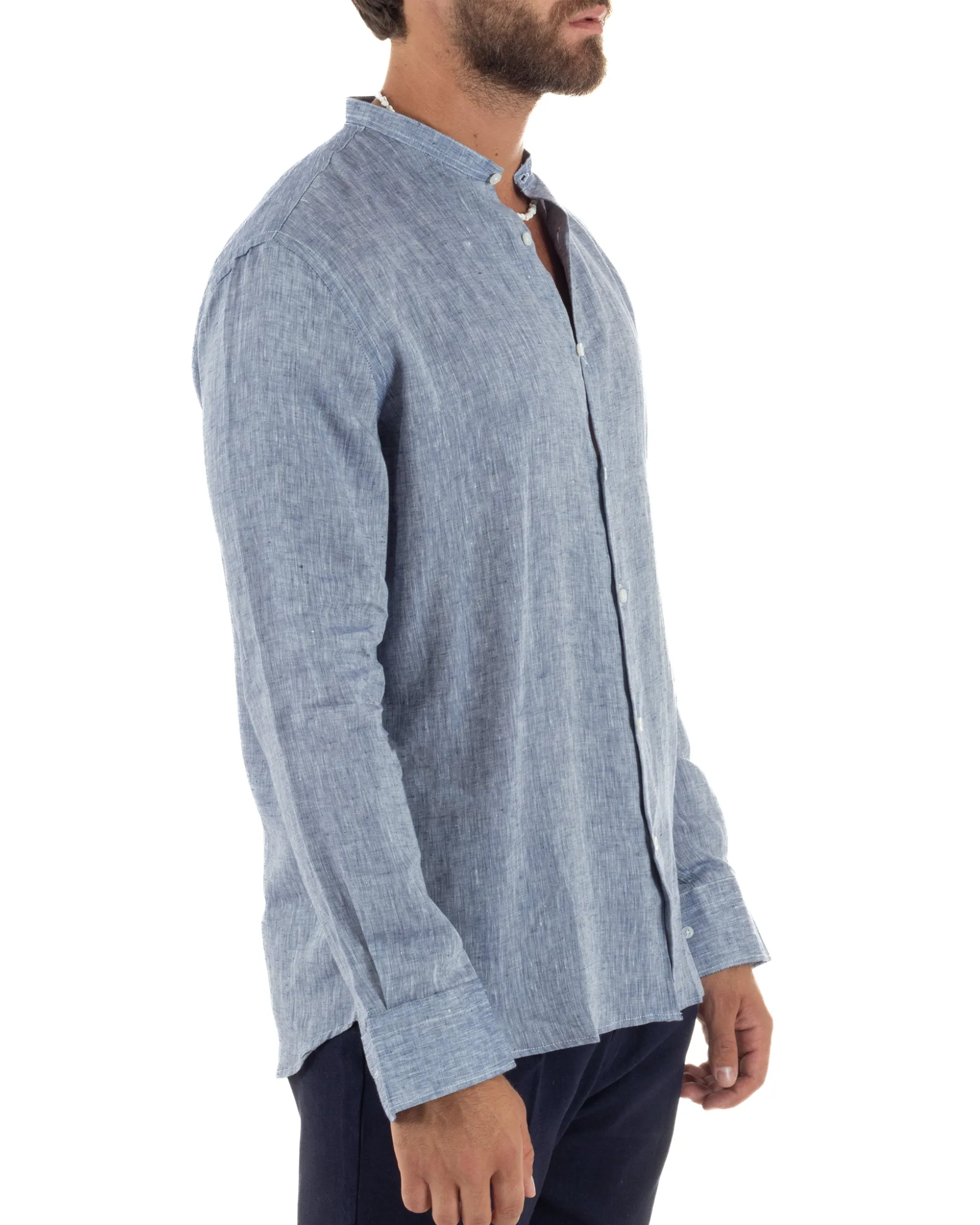 Camicia Uomo Lino Sartoriale Collo Coreano Melangiata Blu C3006A