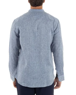 Camicia Uomo Lino Sartoriale Collo Coreano Melangiata Blu C3006A