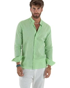 Camicia Uomo Lino Sartoriale Collo Coreano Melangiata Verde Acido C3010A