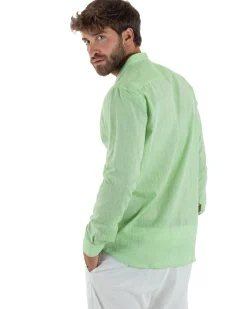 Camicia Uomo Lino Sartoriale Collo Coreano Melangiata Verde Acido C3010A