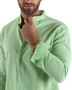 Camicia Uomo Lino Sartoriale Collo Coreano Melangiata Verde Acido C3010A
