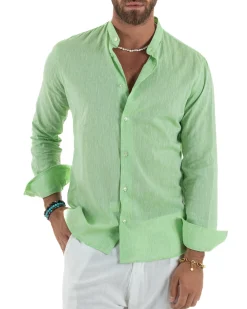 Camicia Uomo Lino Sartoriale Collo Coreano Melangiata Verde Acido C3010A