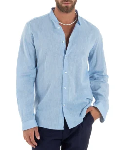 Camicia Uomo Lino Sartoriale Collo Coreano Melangiata Celeste C3005A