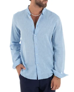 Camicia Uomo Lino Sartoriale Collo Coreano Melangiata Celeste C3005A