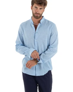 Camicia Uomo Lino Sartoriale Collo Coreano Melangiata Celeste C3005A